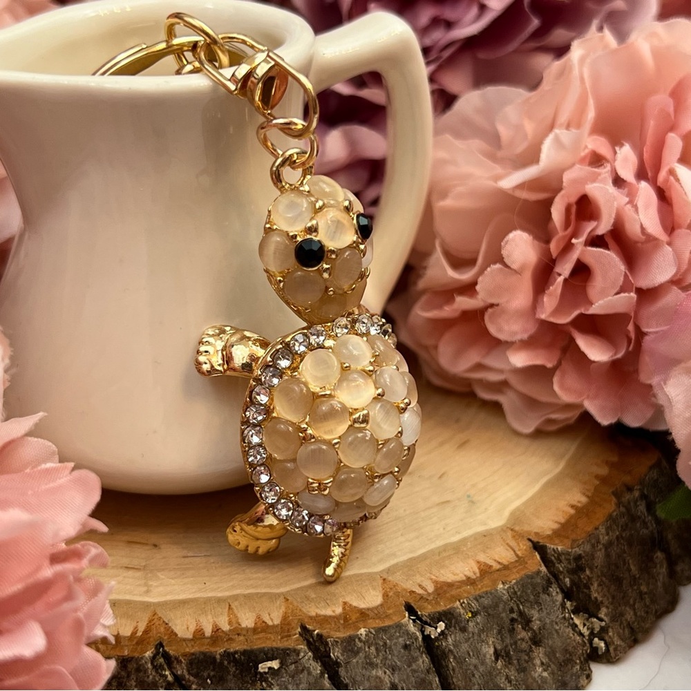 Gorgeous Crystal and Beaded Turtle Keychain Charm - Picture 3 of 16